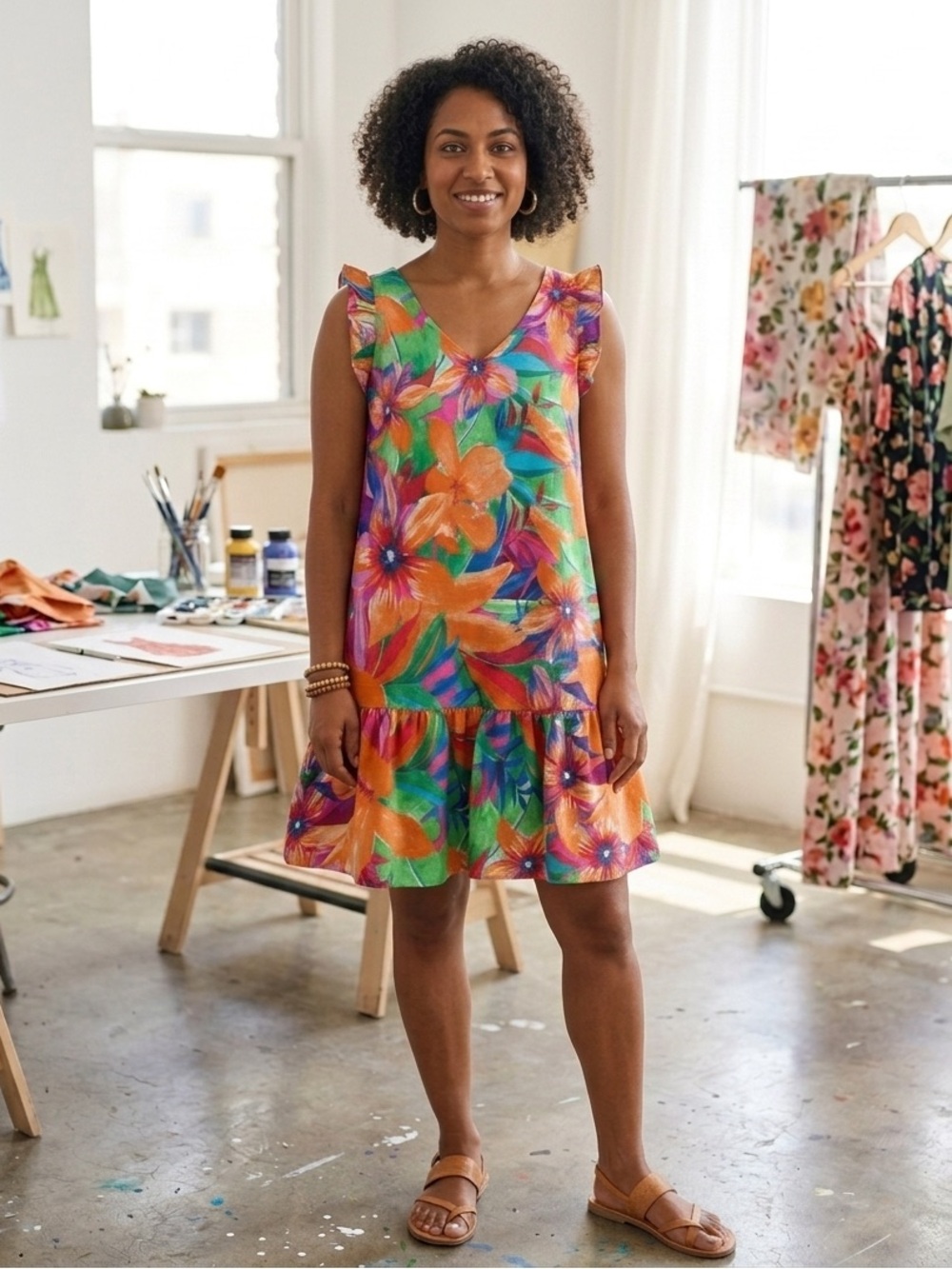 Cocomo Tropical Floral Dress M Ruffle Hem Resort Hawaiian Colorful